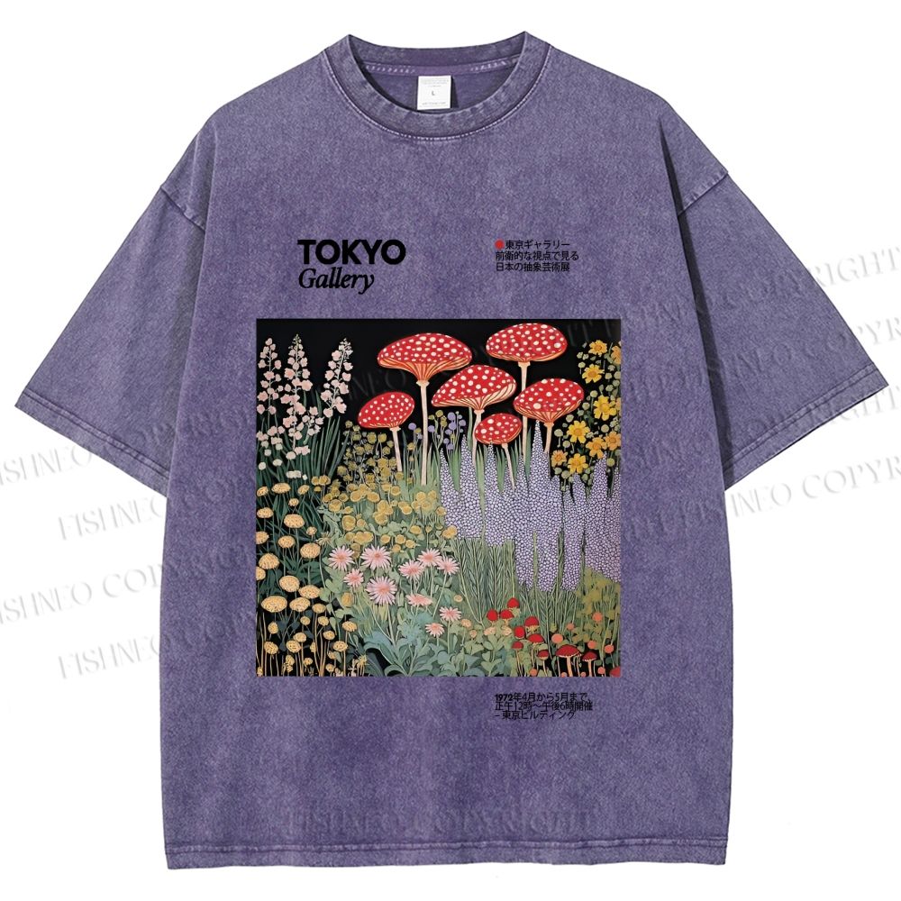 Unisex Mushroom Flowers Poster Printed Washed Tee