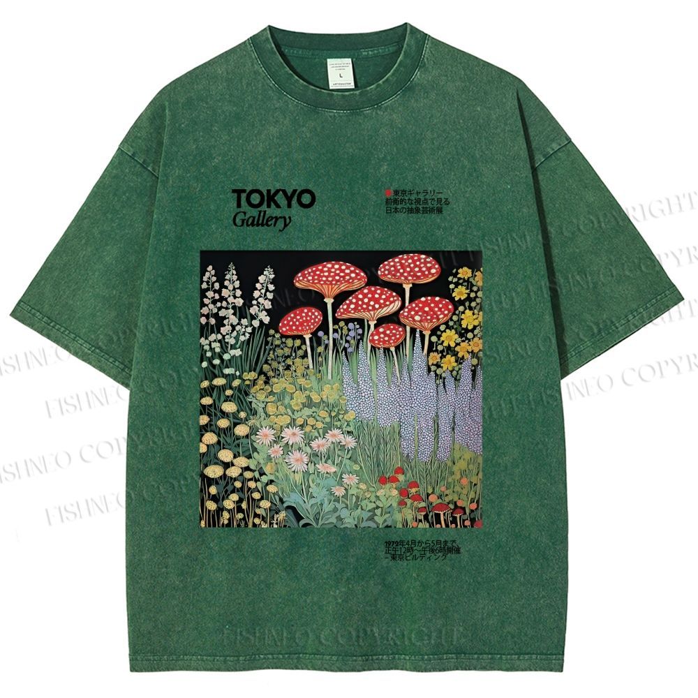 Unisex Mushroom Flowers Poster Printed Washed Tee
