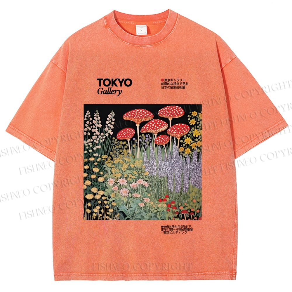 Unisex Mushroom Flowers Poster Printed Washed Tee