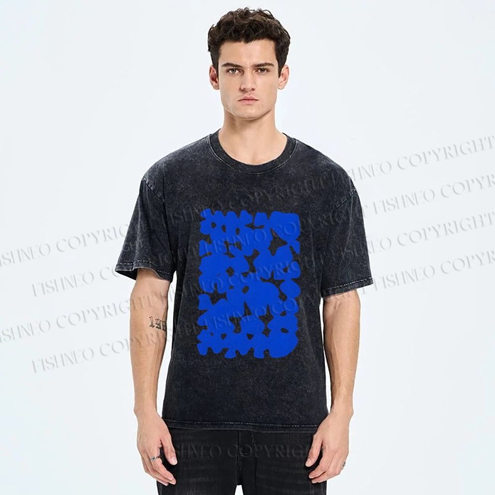 Unisex Cobalt Blotch Grid Printed Washed Tee