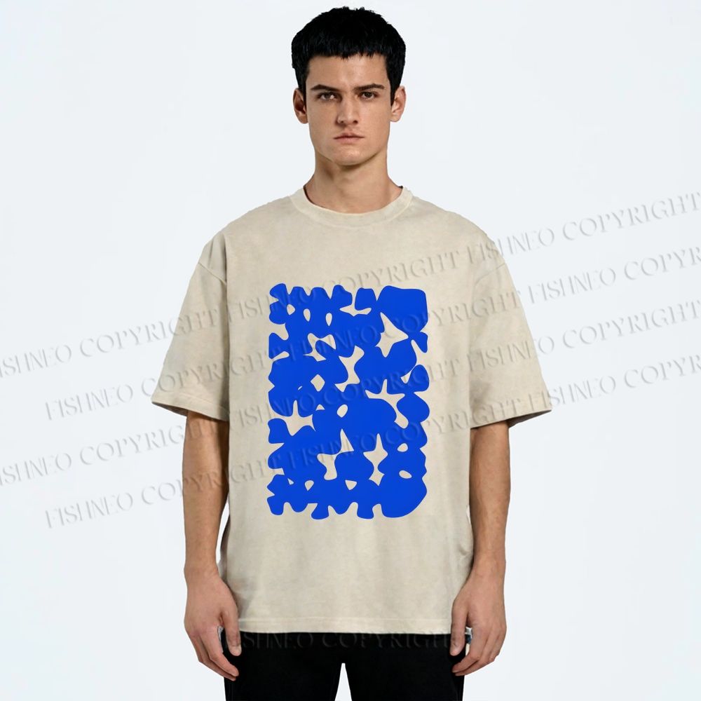 Unisex Cobalt Blotch Grid Printed Washed Tee