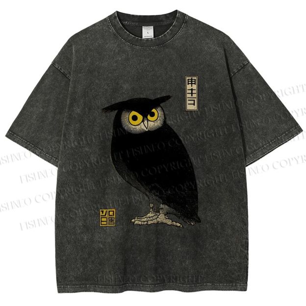 Unisex Ukiyo-e Night Owl Printed Washed Tee