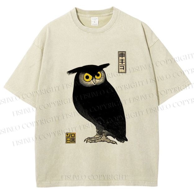 Unisex Ukiyo-e Night Owl Printed Washed Tee
