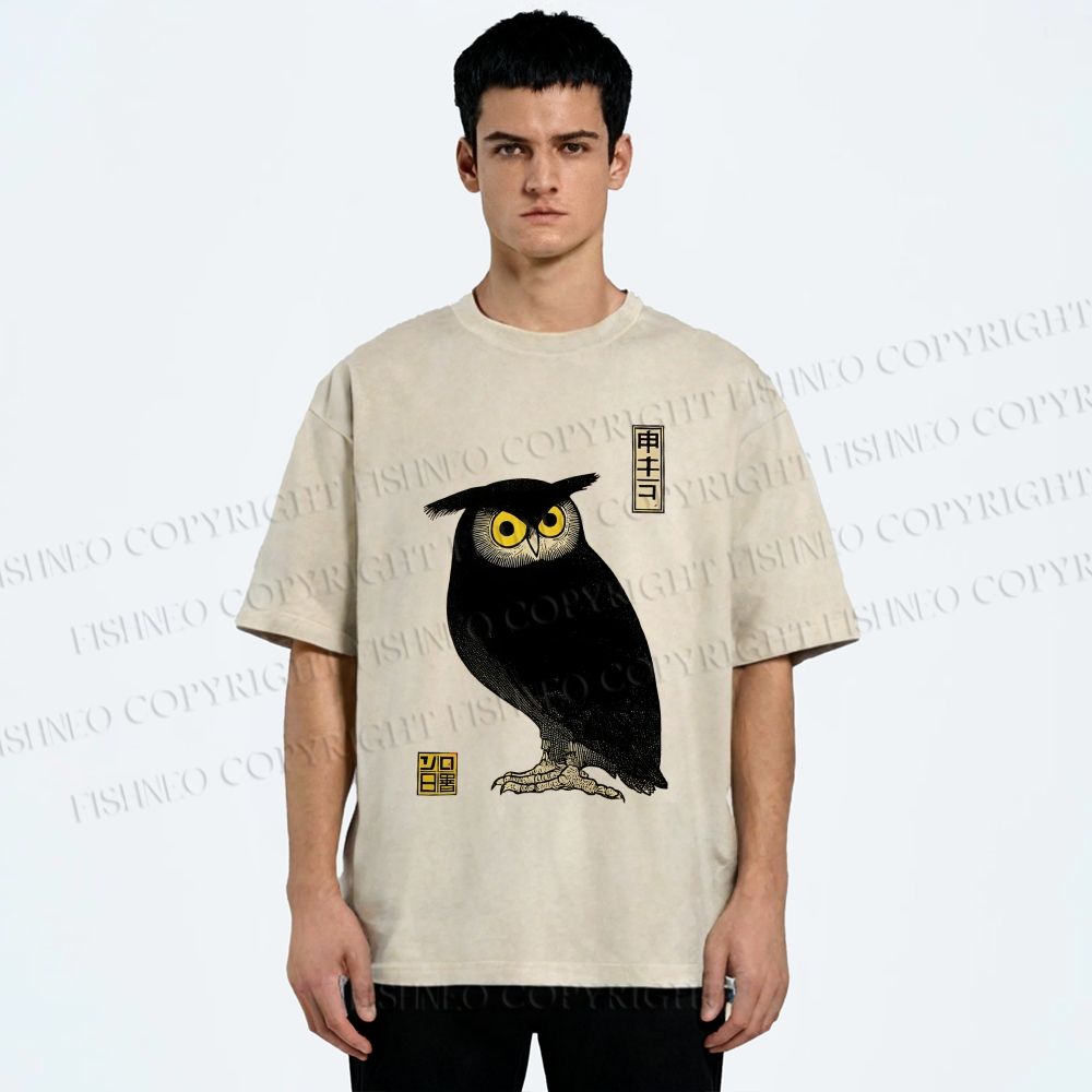 Unisex Ukiyo-e Night Owl Printed Washed Tee
