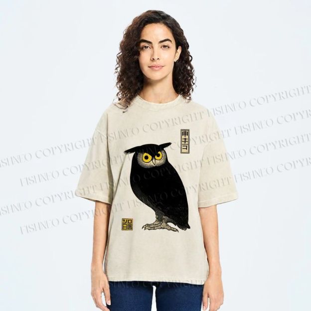Unisex Ukiyo-e Night Owl Printed Washed Tee