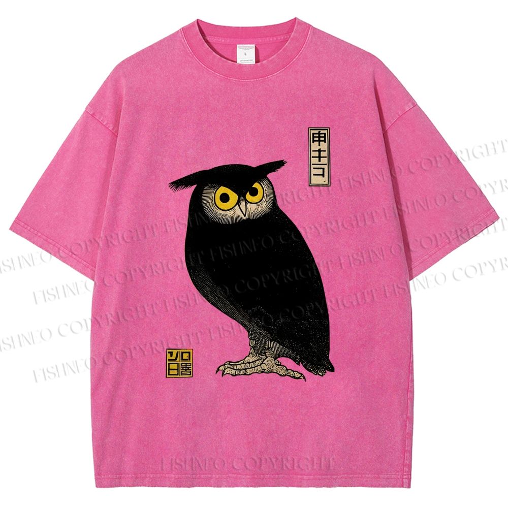 Unisex Ukiyo-e Night Owl Printed Washed Tee