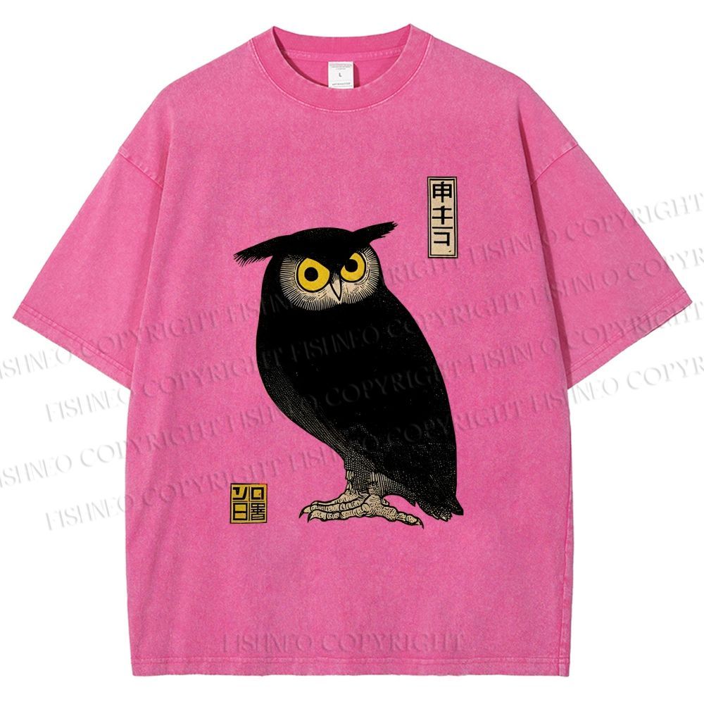 Unisex Ukiyo-e Night Owl Printed Washed Tee