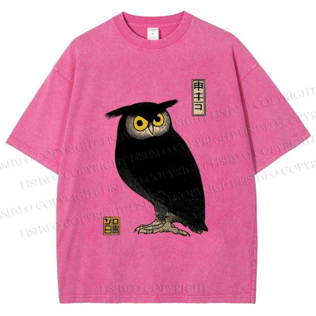 Unisex Ukiyo-e Night Owl Printed Washed Tee