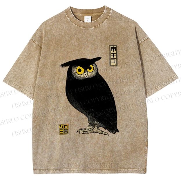 Unisex Ukiyo-e Night Owl Printed Washed Tee