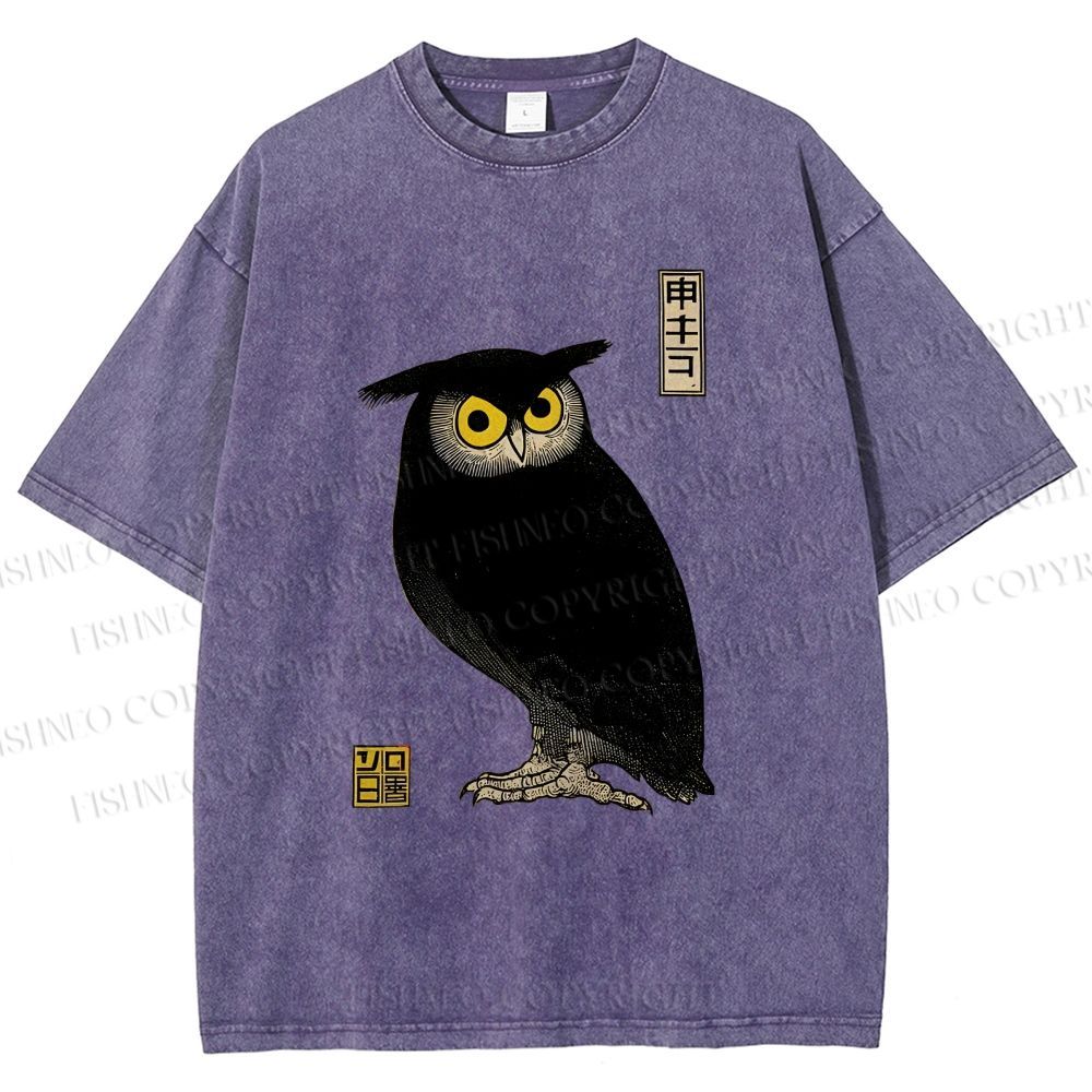 Unisex Ukiyo-e Night Owl Printed Washed Tee