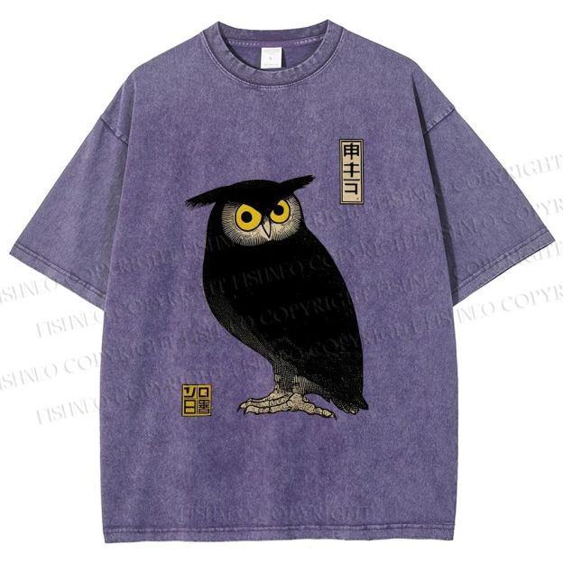 Unisex Ukiyo-e Night Owl Printed Washed Tee