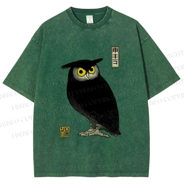 Unisex Ukiyo-e Night Owl Printed Washed Tee