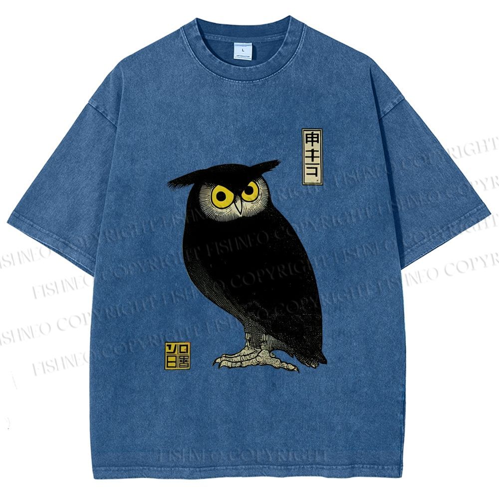 Unisex Ukiyo-e Night Owl Printed Washed Tee