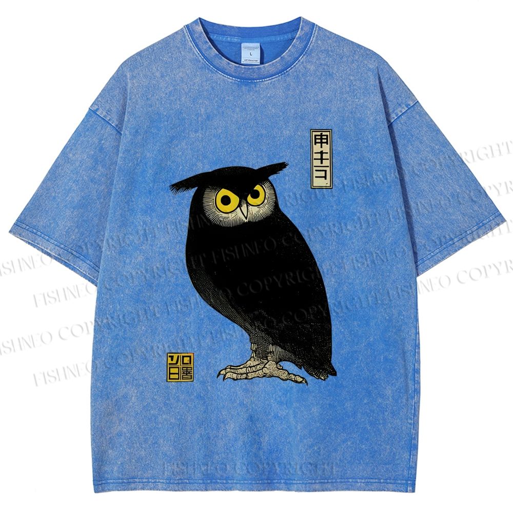Unisex Ukiyo-e Night Owl Printed Washed Tee