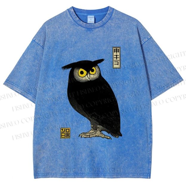 Unisex Ukiyo-e Night Owl Printed Washed Tee