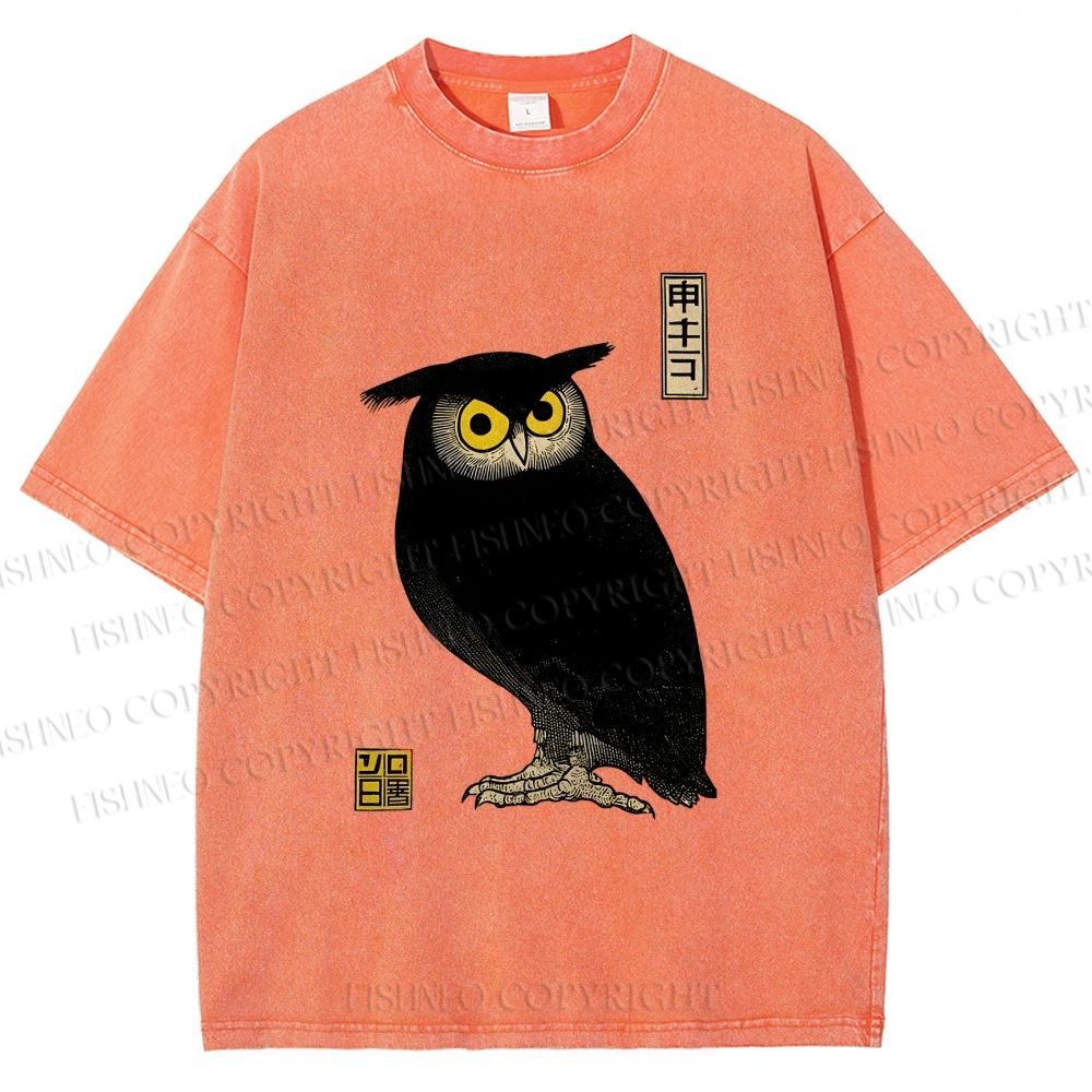 Unisex Ukiyo-e Night Owl Printed Washed Tee