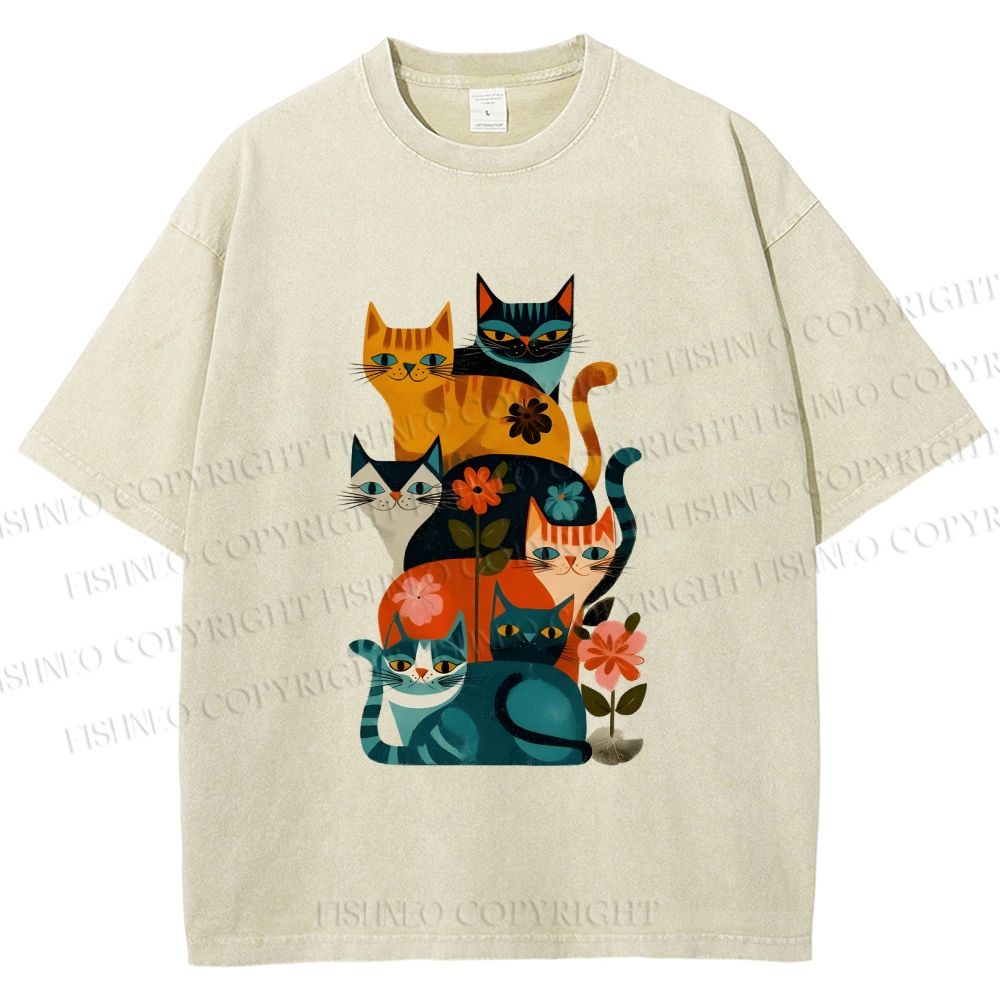 Unisex Floral Cat Stack Printed Washed Tee