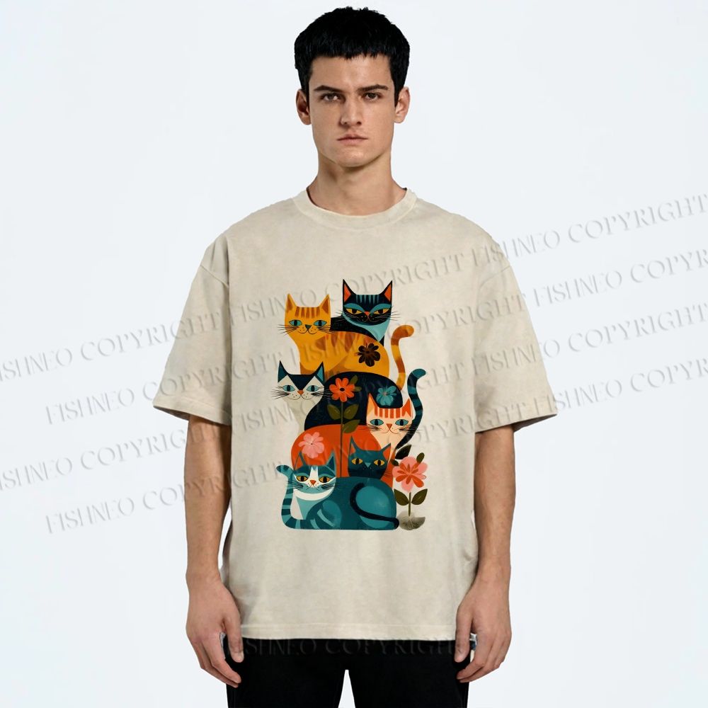 Unisex Floral Cat Stack Printed Washed Tee