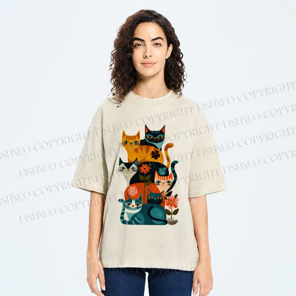 Unisex Floral Cat Stack Printed Washed Tee