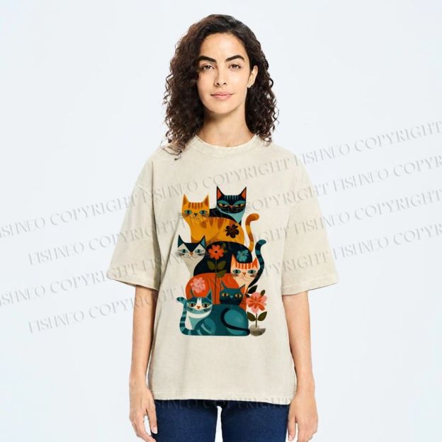 Unisex Floral Cat Stack Printed Washed Tee