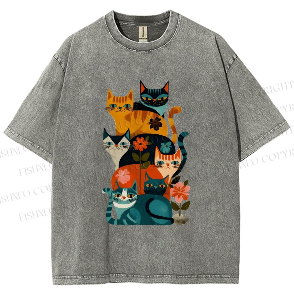Unisex Floral Cat Stack Printed Washed Tee
