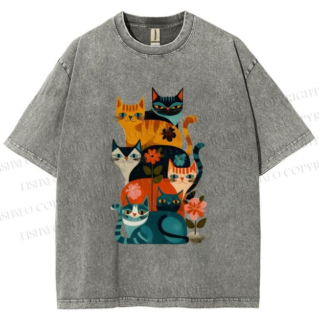 Unisex Floral Cat Stack Printed Washed Tee