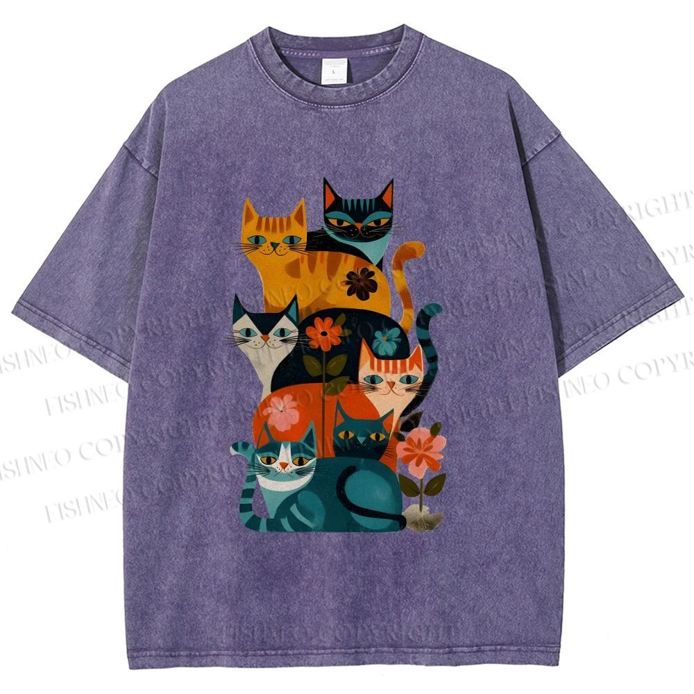 Unisex Floral Cat Stack Printed Washed Tee