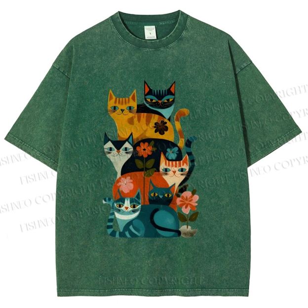 Unisex Floral Cat Stack Printed Washed Tee
