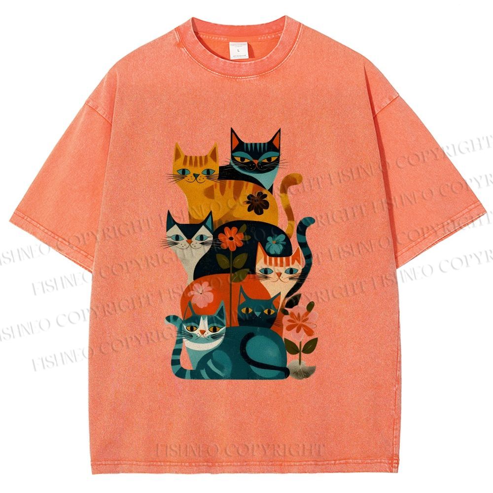 Unisex Floral Cat Stack Printed Washed Tee