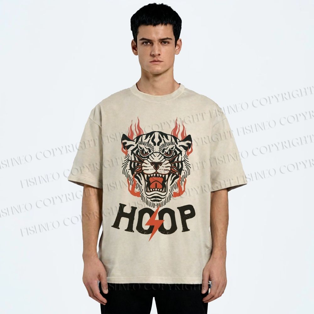 Unisex Hoop Tiger Printed Washed Tee