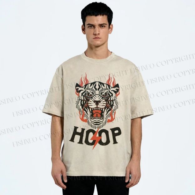 Unisex Hoop Tiger Printed Washed Tee