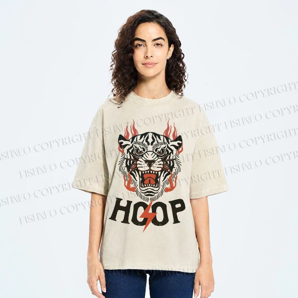 Unisex Hoop Tiger Printed Washed Tee