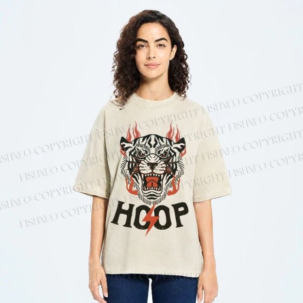 Unisex Hoop Tiger Printed Washed Tee