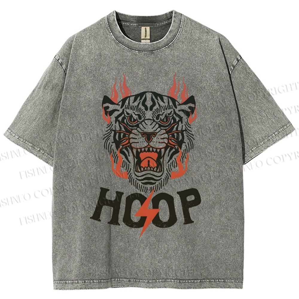 Unisex Hoop Tiger Printed Washed Tee