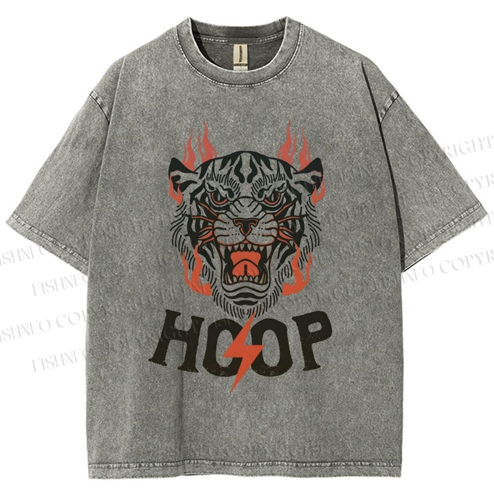 Unisex Hoop Tiger Printed Washed Tee
