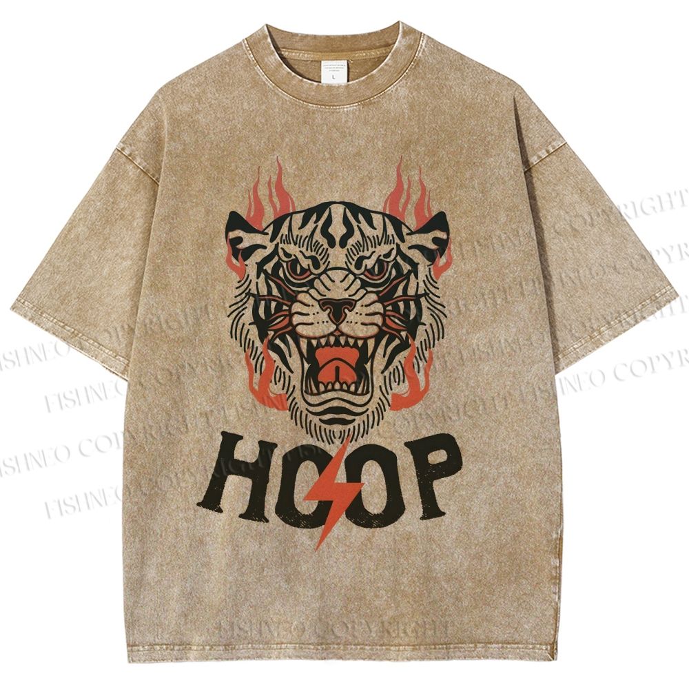Unisex Hoop Tiger Printed Washed Tee