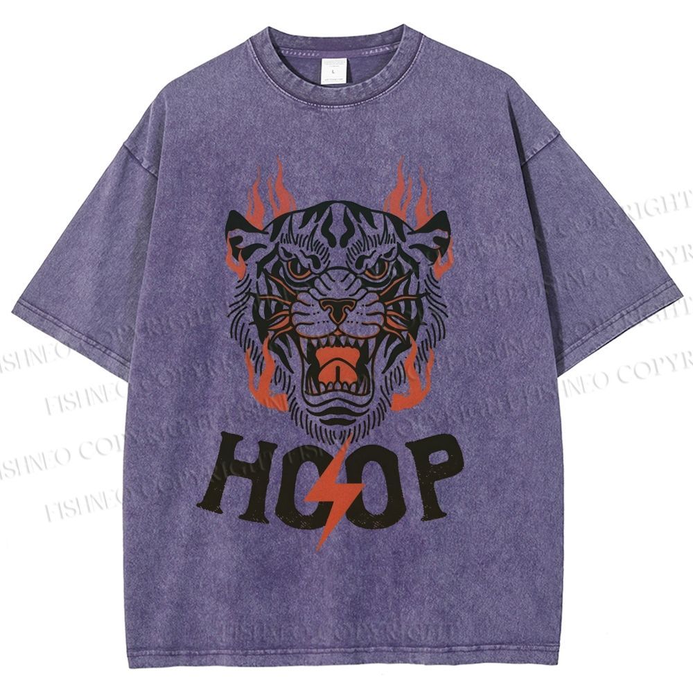 Unisex Hoop Tiger Printed Washed Tee