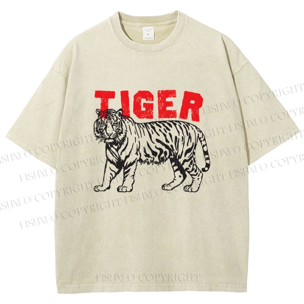 Unisex Tiger Printed Washed Tee