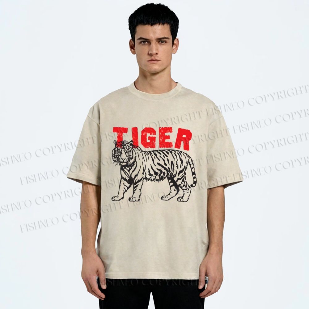 Unisex Tiger Printed Washed Tee