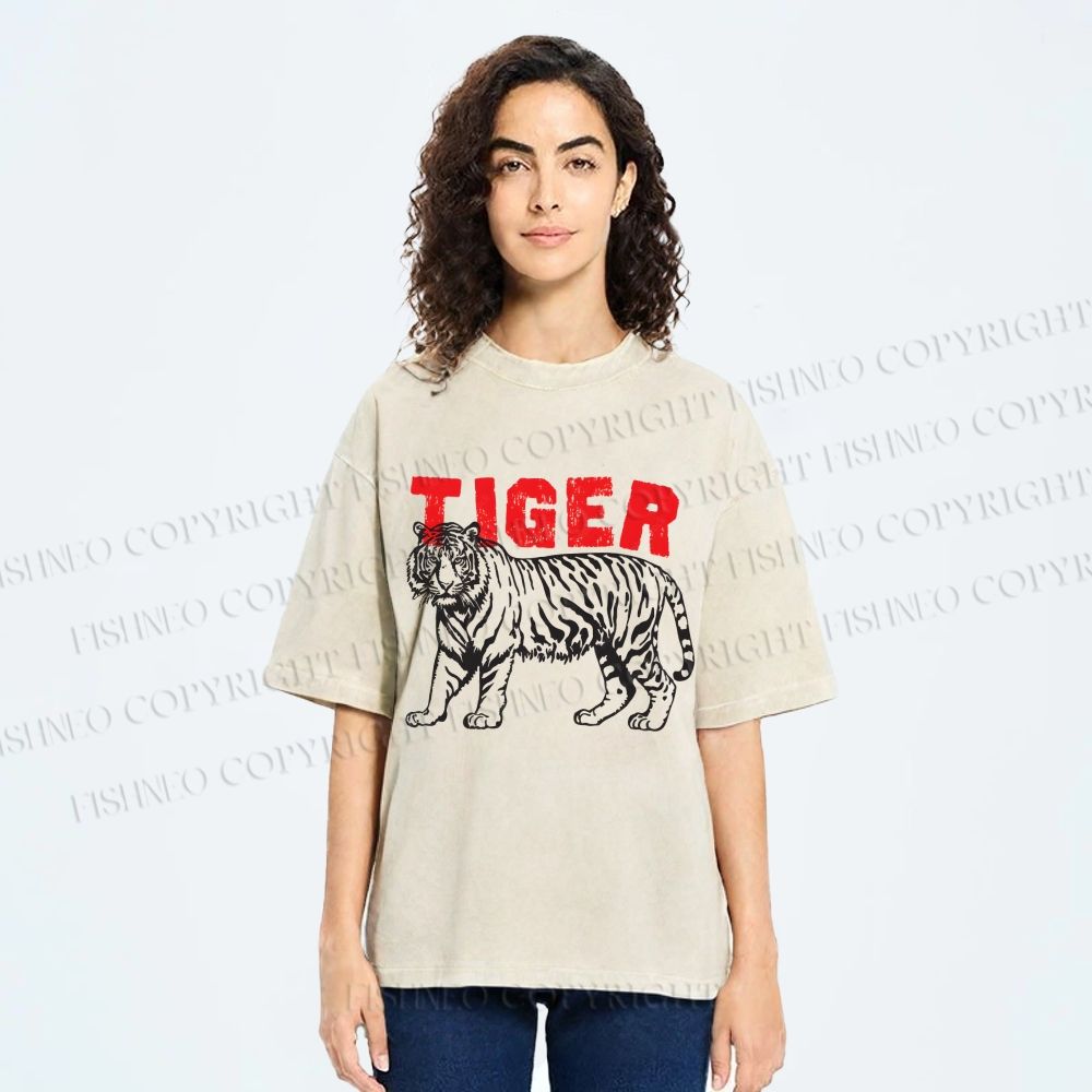 Unisex Tiger Printed Washed Tee