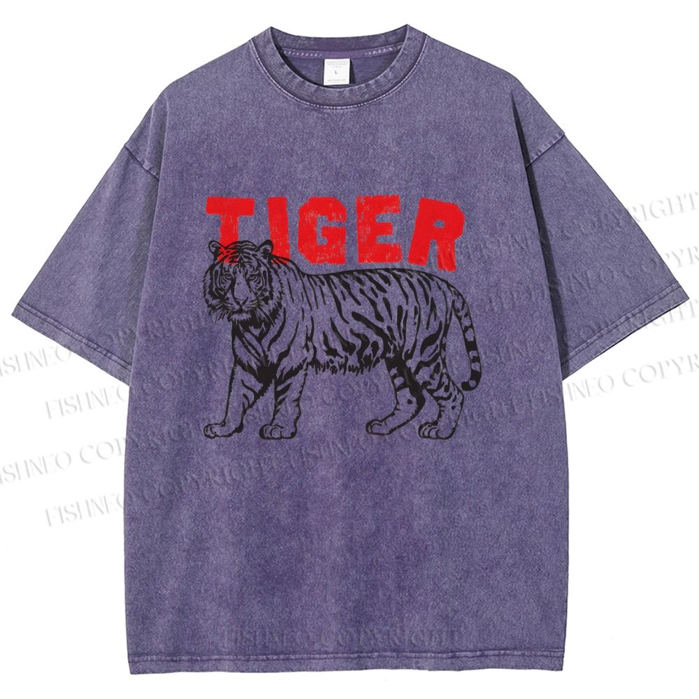 Unisex Tiger Printed Washed Tee