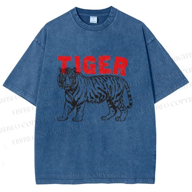 Unisex Tiger Printed Washed Tee