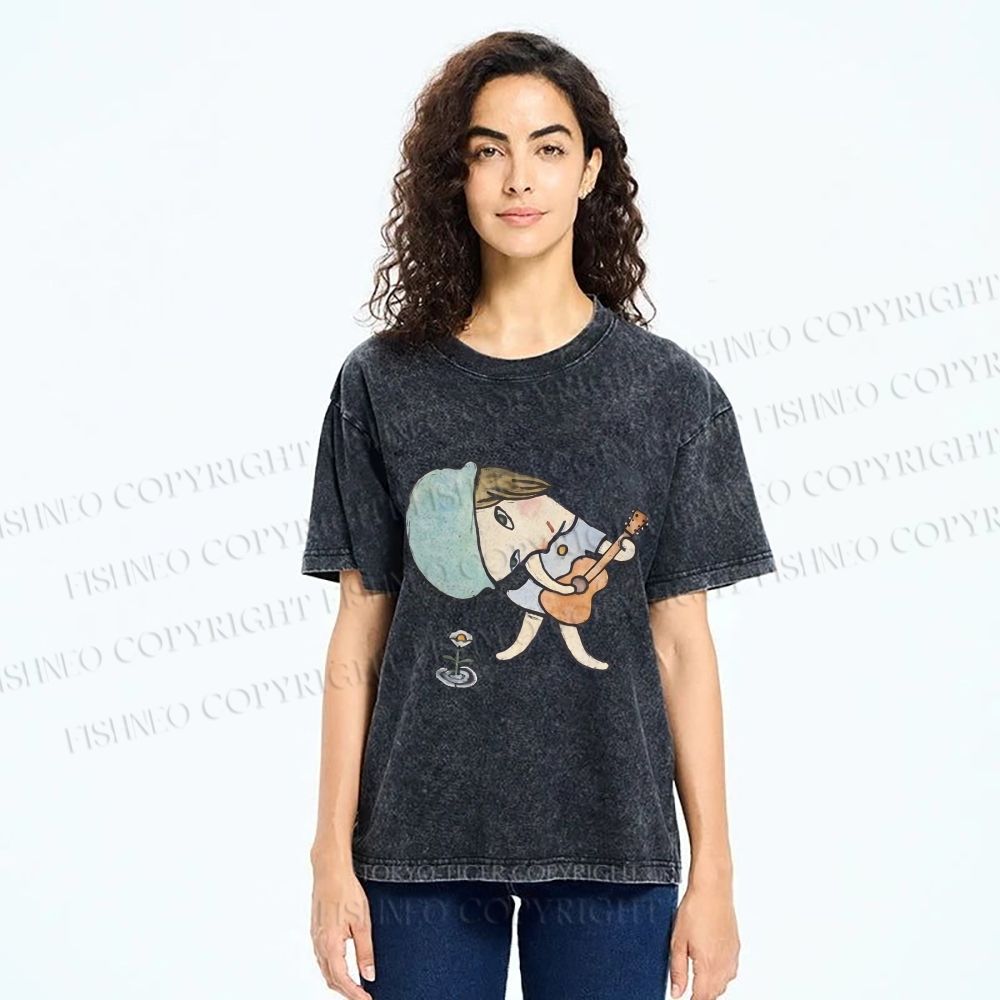Unisex Yoshitomo Nara Guitar Girl Printed Washed Tee