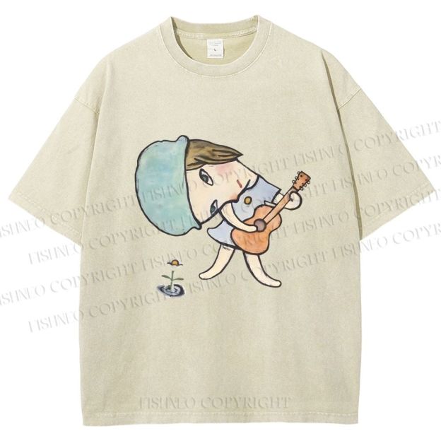 Unisex Yoshitomo Nara Guitar Girl Printed Washed Tee