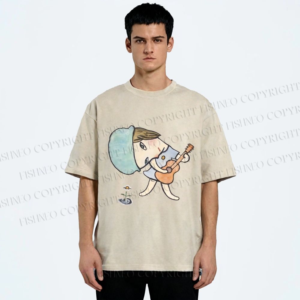 Unisex Yoshitomo Nara Guitar Girl Printed Washed Tee
