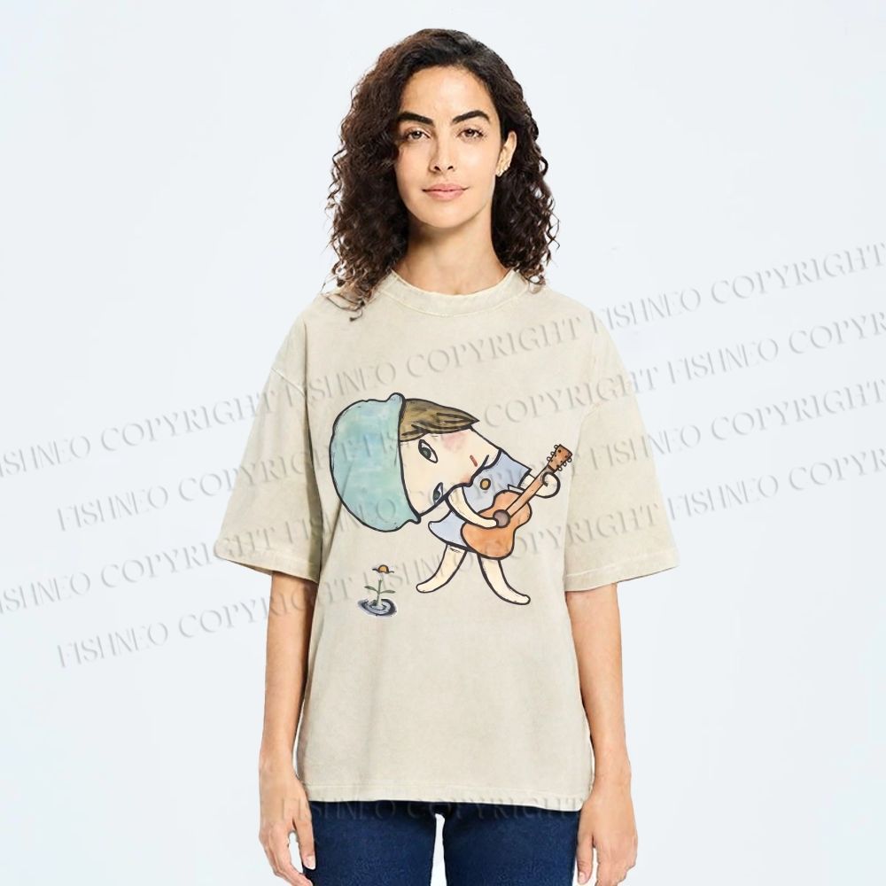 Unisex Yoshitomo Nara Guitar Girl Printed Washed Tee
