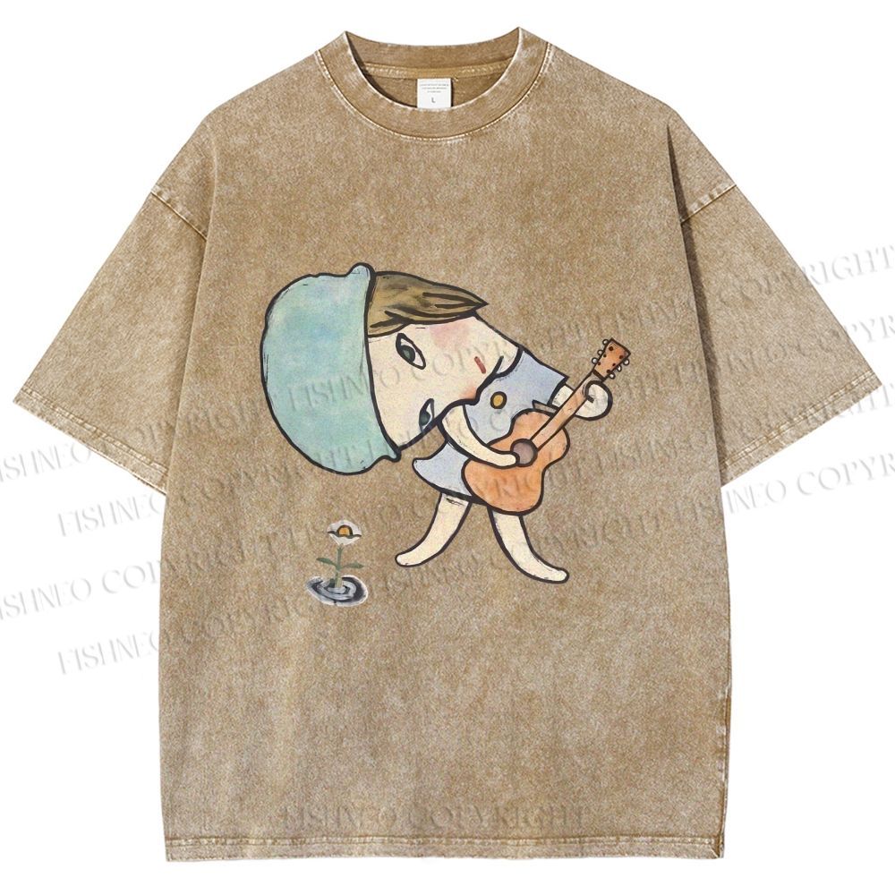 Unisex Yoshitomo Nara Guitar Girl Printed Washed Tee