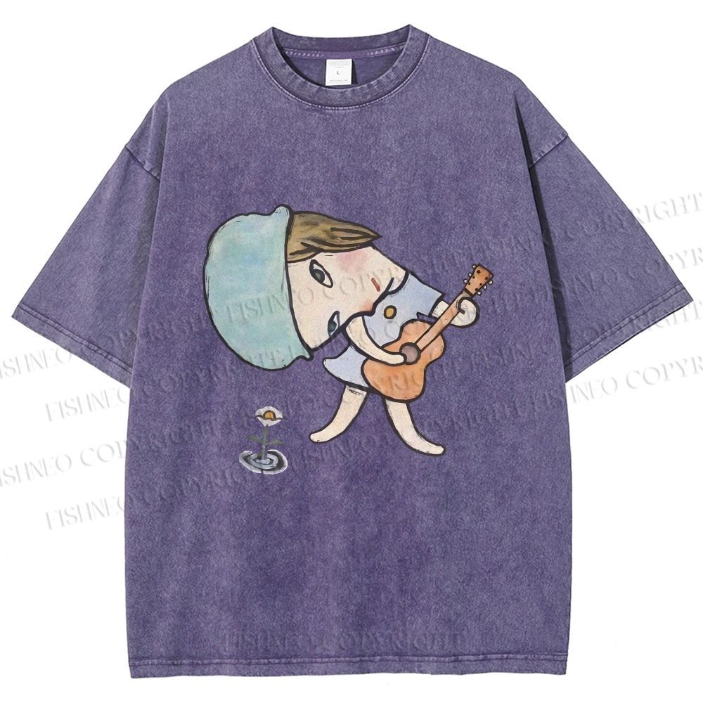 Unisex Yoshitomo Nara Guitar Girl Printed Washed Tee