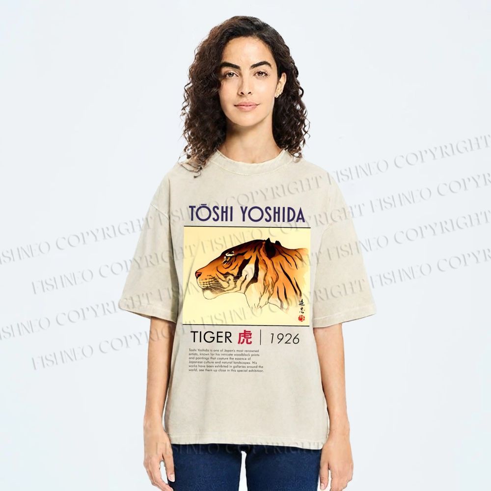 Unisex Vintage Tiger Printed Washed Tee