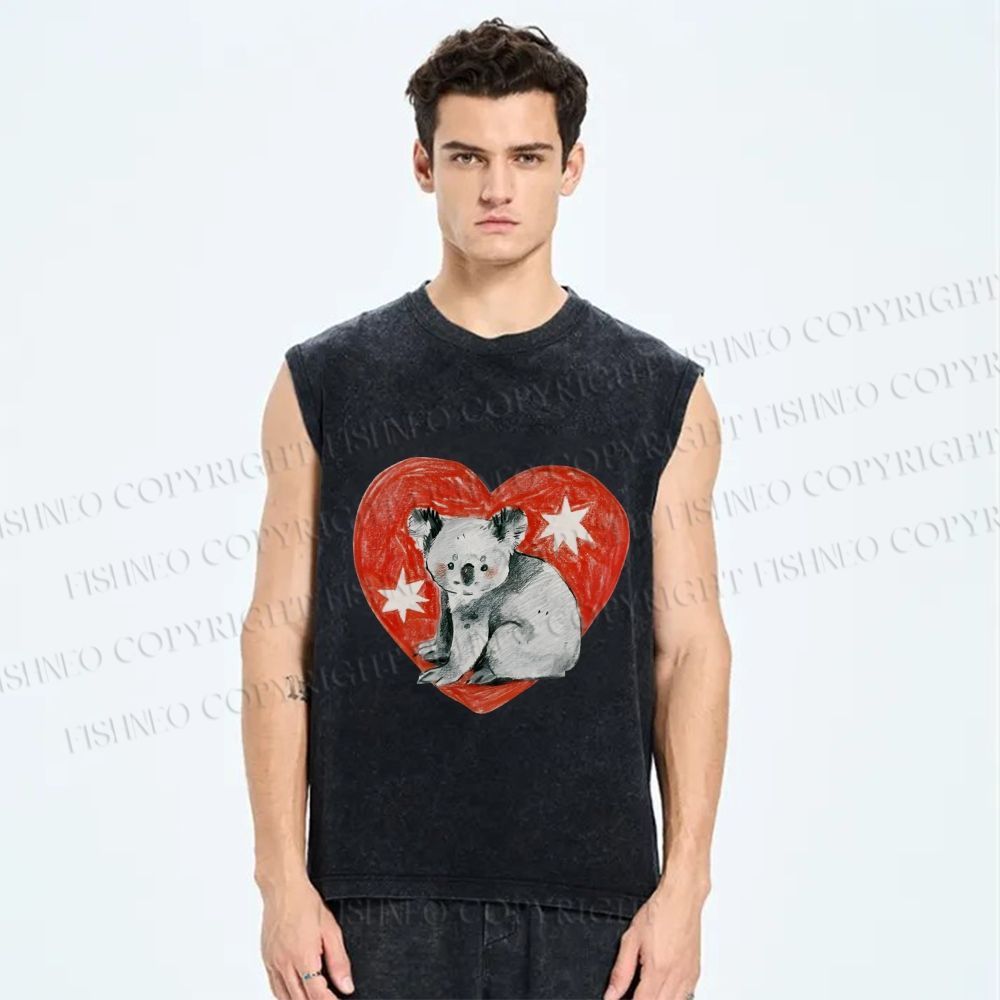 Unisex Koala Bear in Love Printed Washed Tank Top